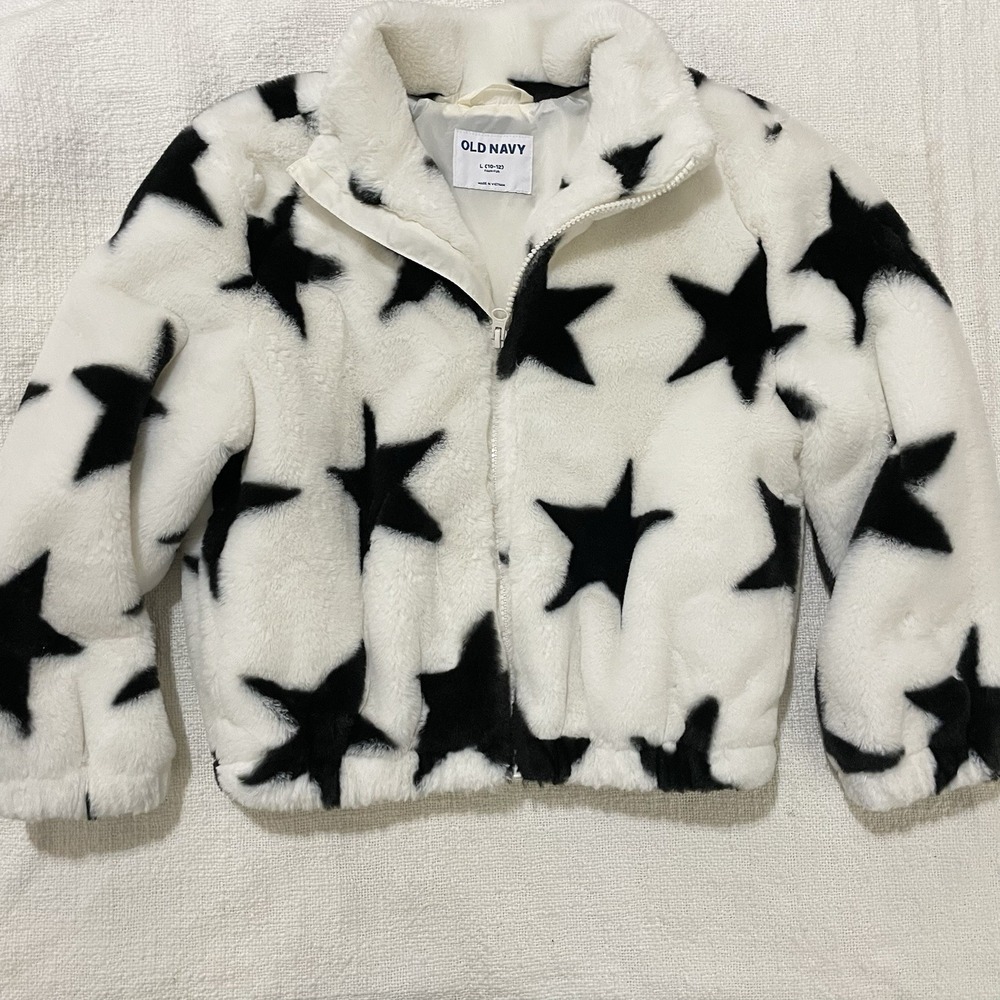 Old Navy Faux Fur White Star Zip-up Hooded Lined Jacket Girls 10/12 Large EUC